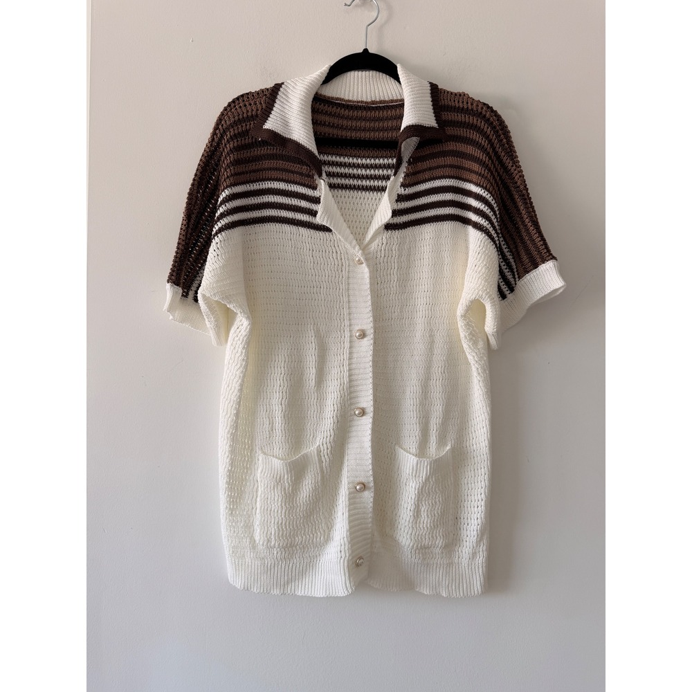 Unbranded Open Knit Cardigan Women 0XL White Brown NWT Striped Short Sleeve Polo